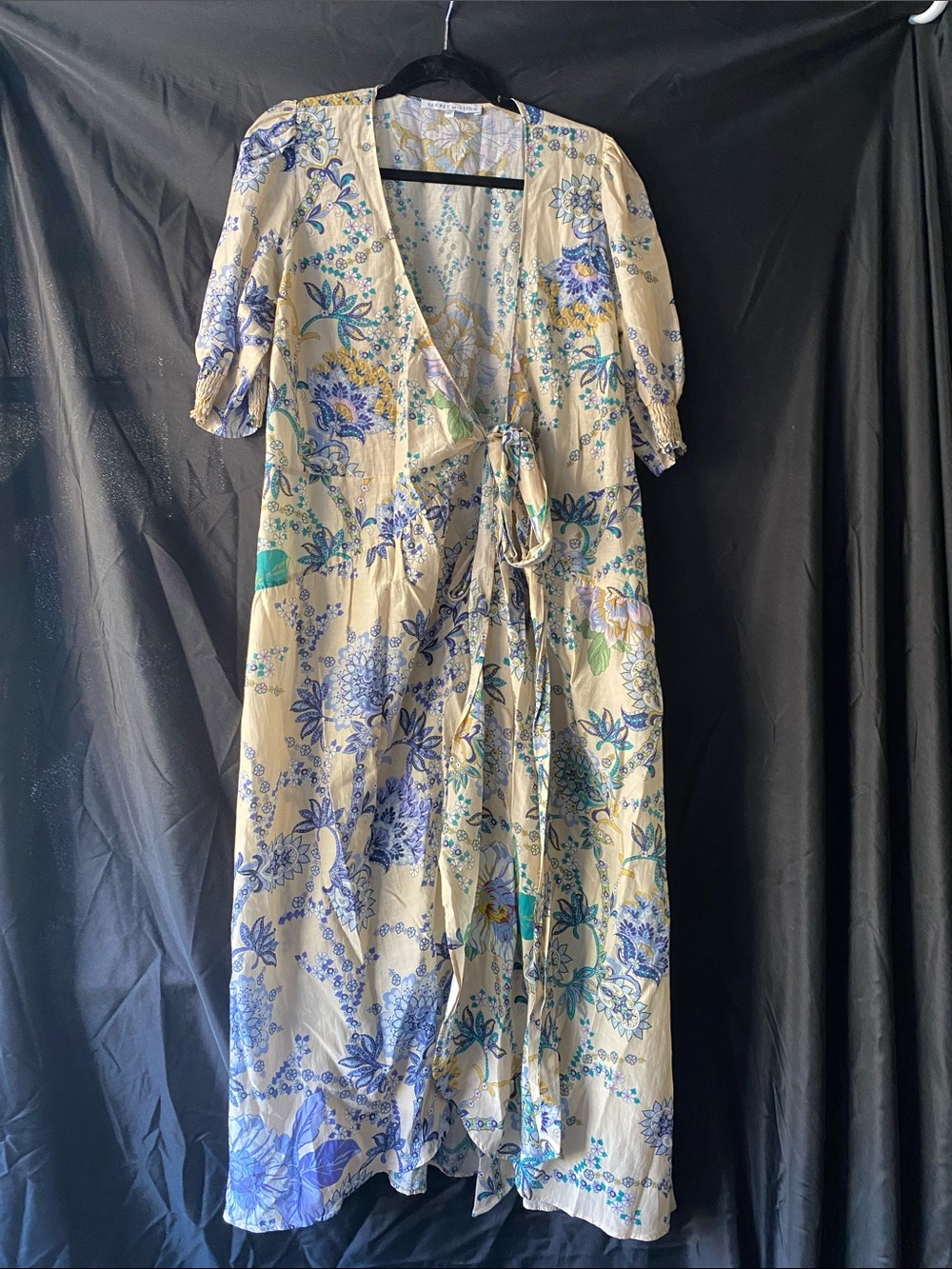 Floral Wrap Midi Dress in Cream and Blue